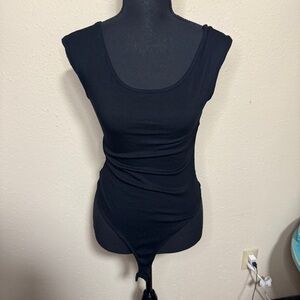 Lush Black Ribbed Sleeveless Cross Open Back Detail Bodysuit